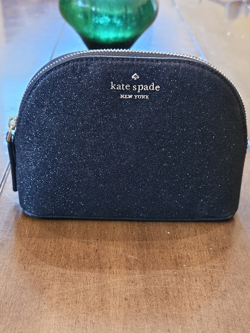 Kate Spade black glitter dome cosmetic pouch
